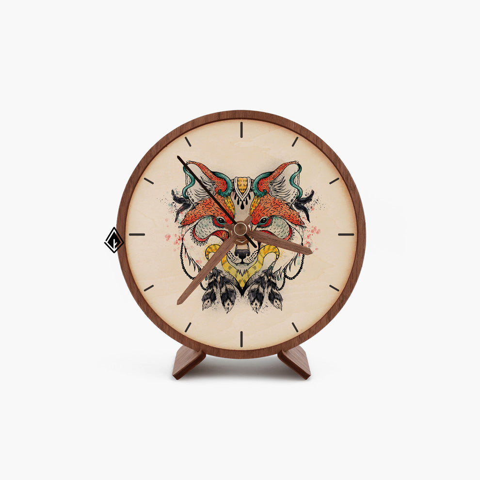 Tribal Fox Wooden Maple Desk Clock