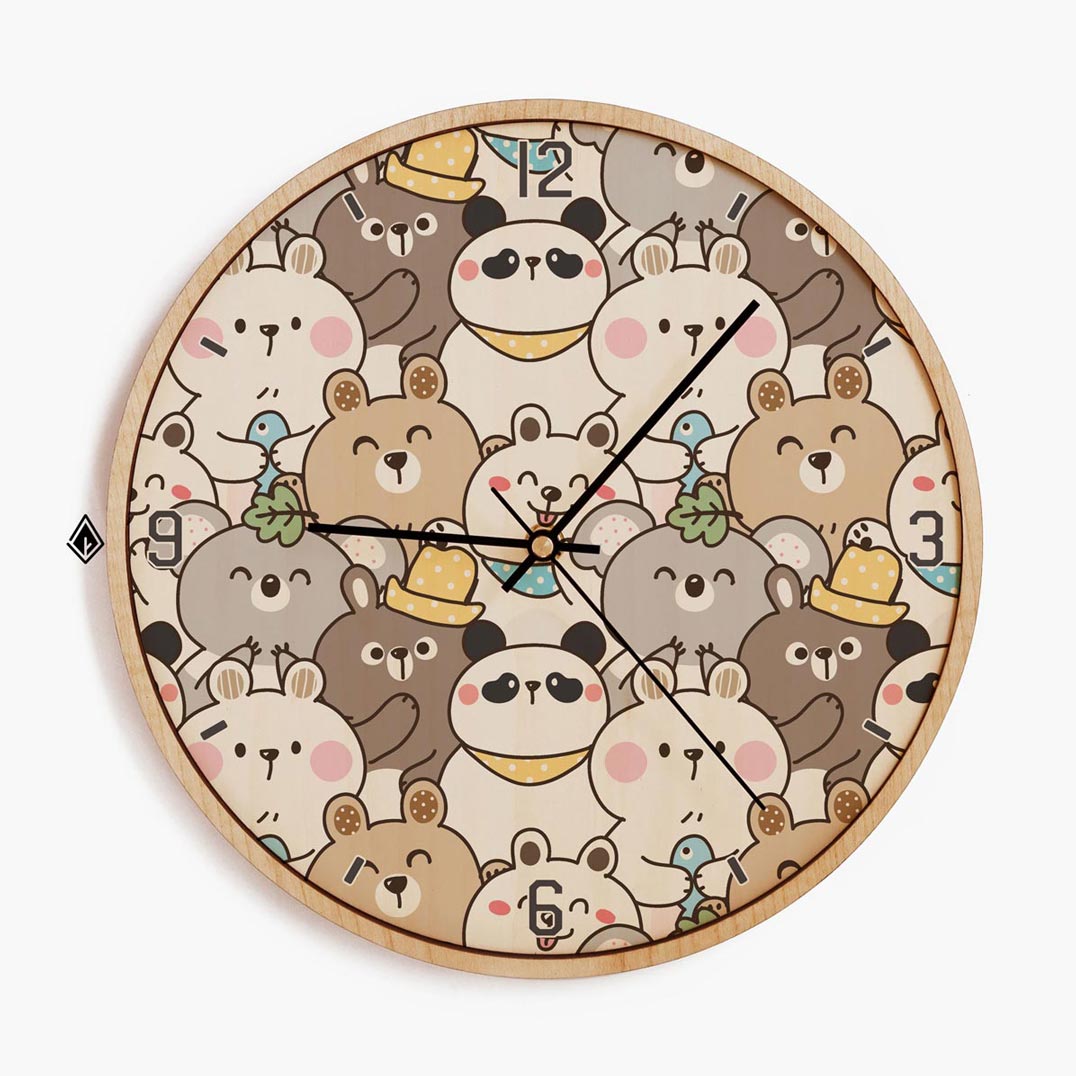 Wooden Wall Clocks Happy Bear Family