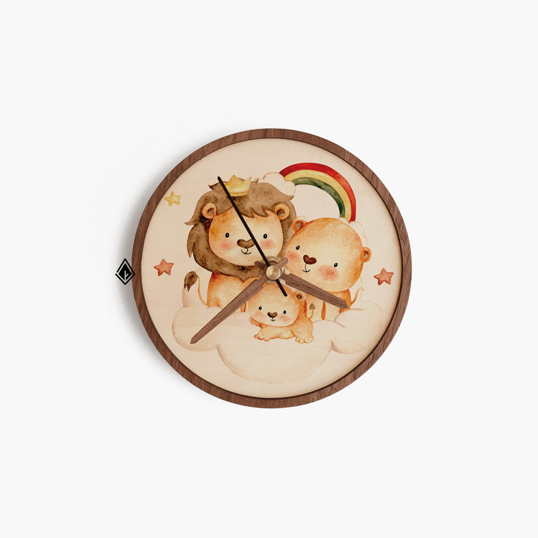 Cute Cartoon Lion Family Wooden Maple Desk Clock