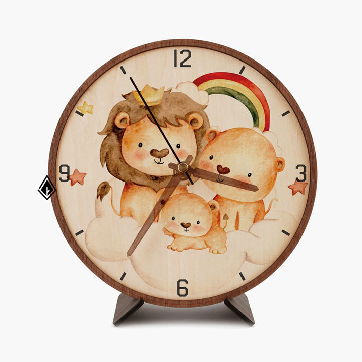 Cute Cartoon Lion Family Wooden Maple Desk Clock
