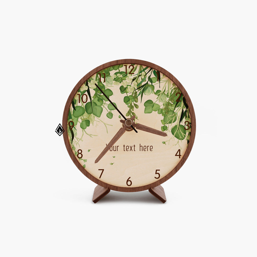 Green Leaves With Text Wooden Maple Desk Clock