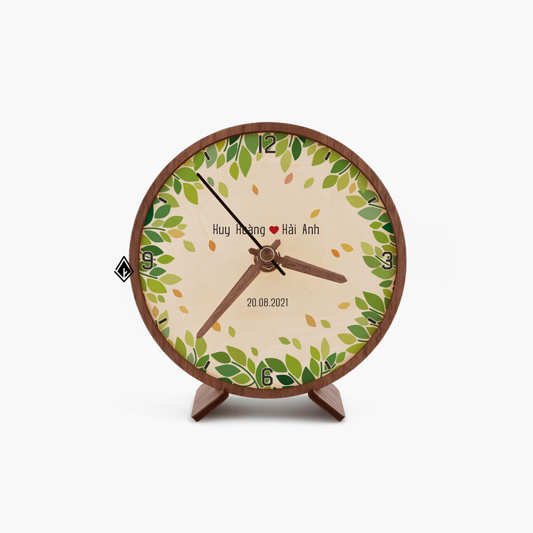 Green Leaves With Text Wooden Maple Desk Clock