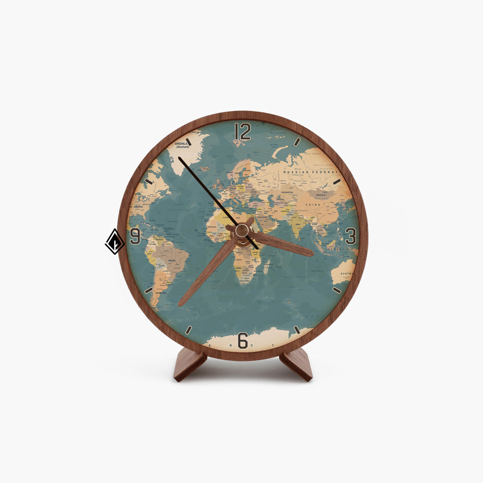 World Map Wooden Maple Desk Clock