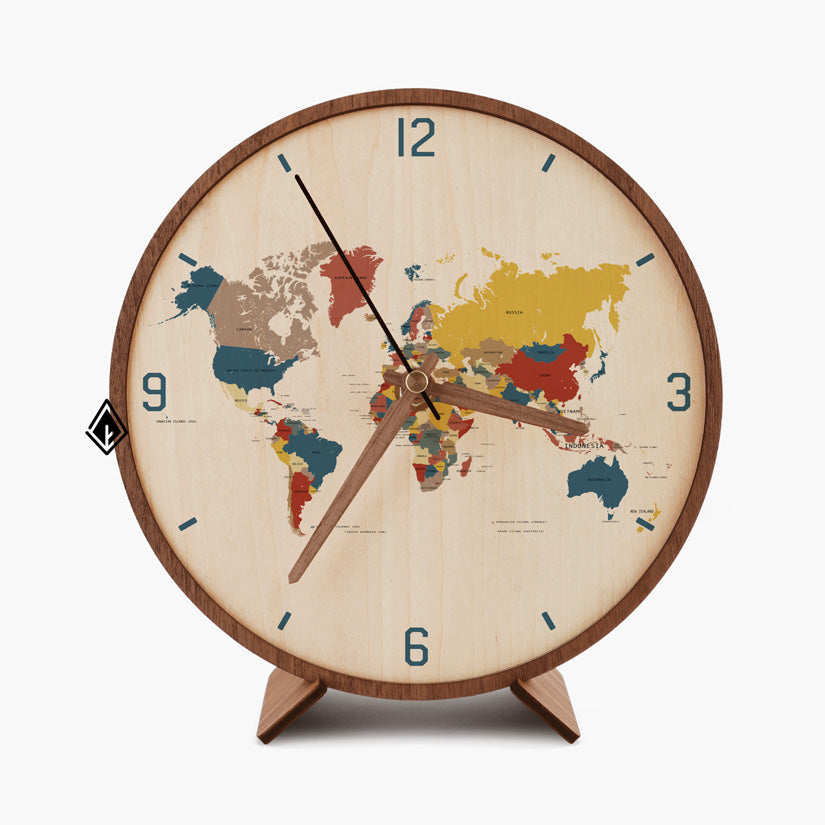World Map Wooden Maple Desk Clock