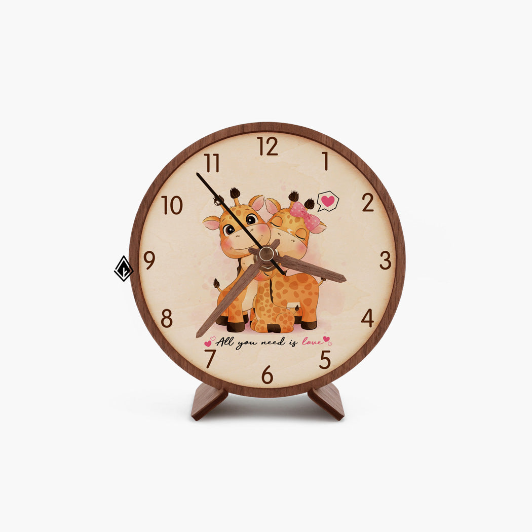 Cute Giraffe Family Wooden Maple Desk Clock