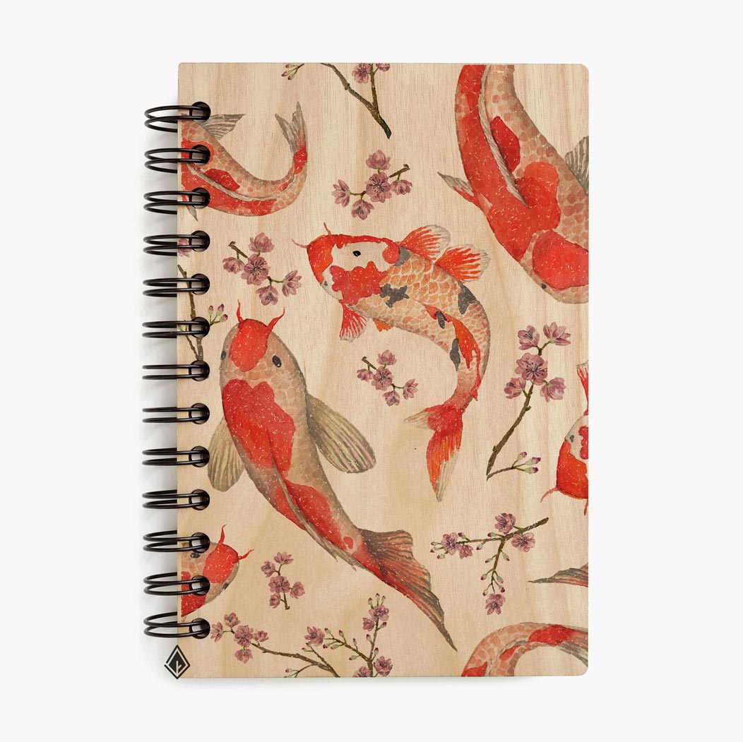 Koi and cherry blossom maple wooden notebook