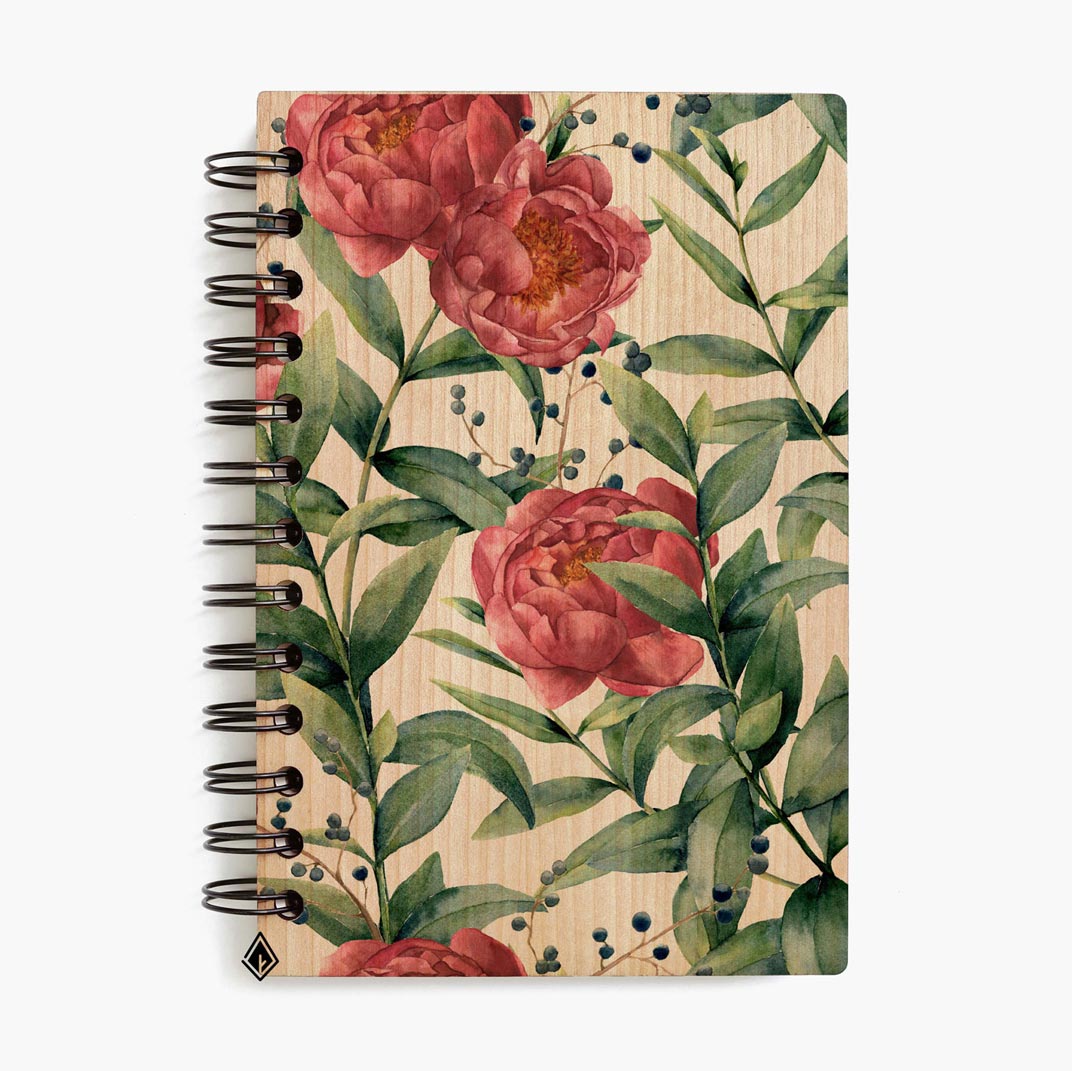 Peony maple wooden notebook
