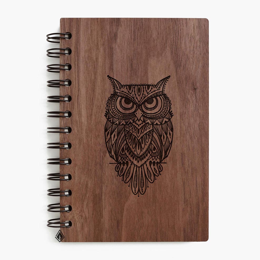 Owl walnut wooden notebook
