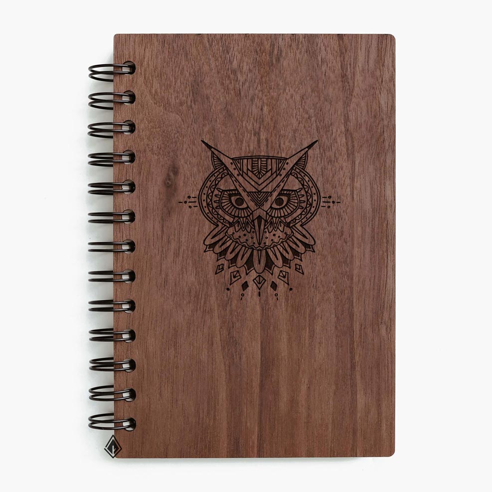 Bohemian owl walnut wooden notebook