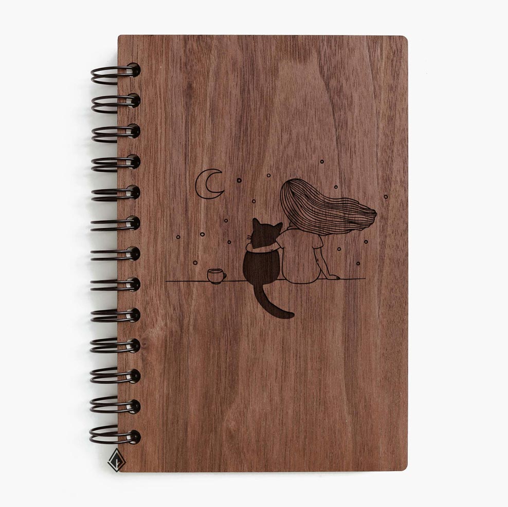 Girl and cat walnut wooden notebook