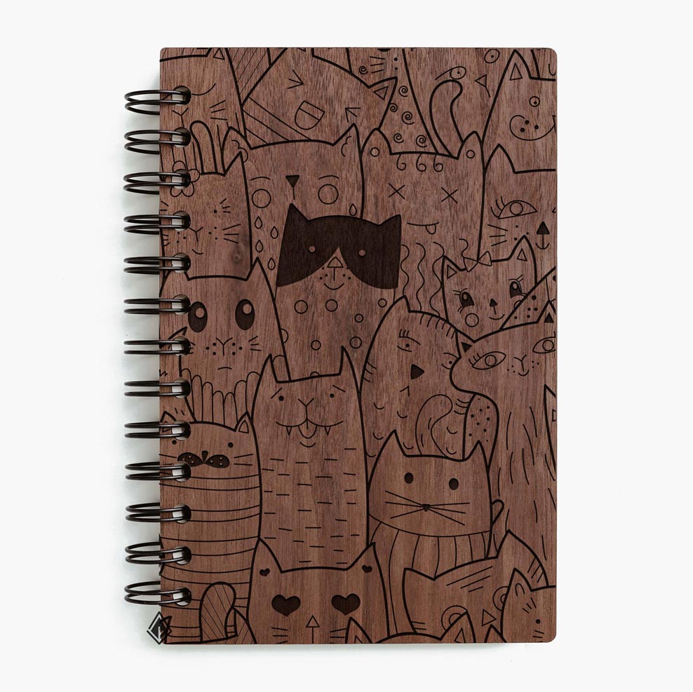 Naughty cats walnut wooden notebook