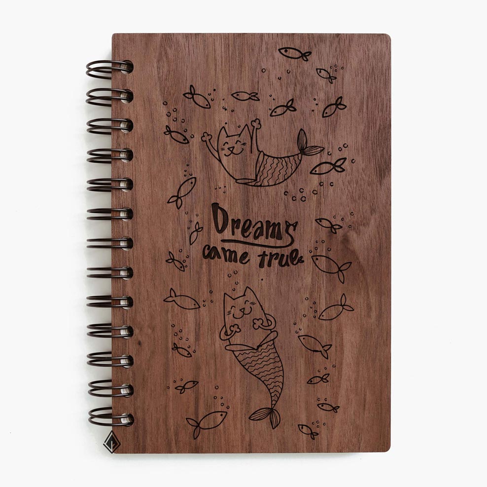 Mermaid cats walnut wooden notebook