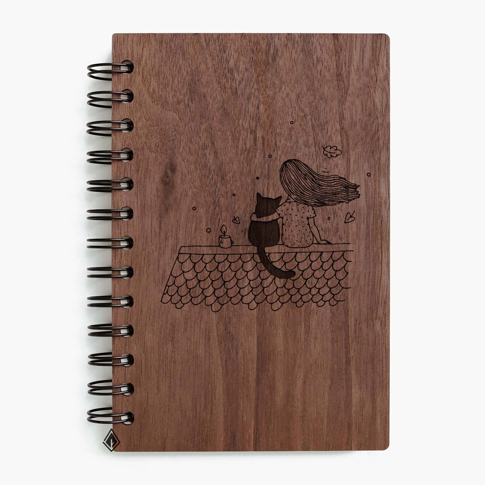 Girl and cat walnut wooden notebook