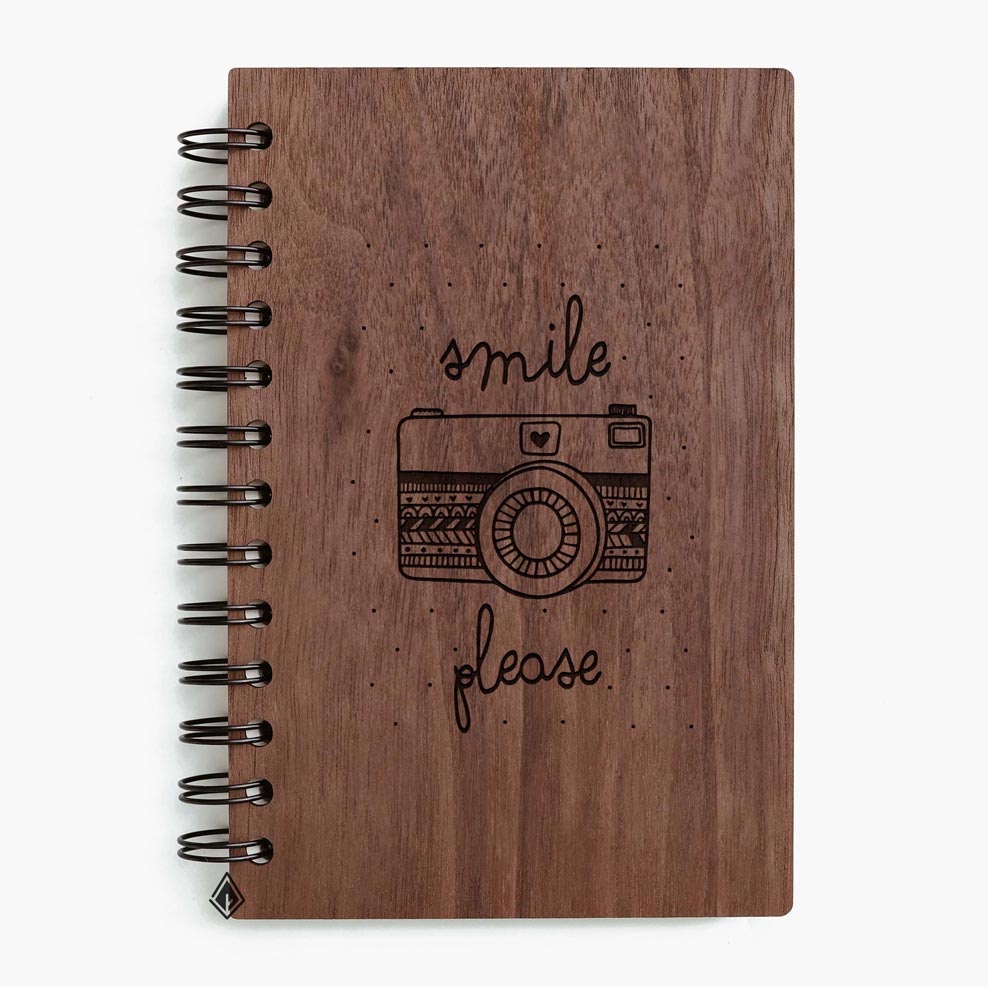 Smile camera walnut wooden notebook
