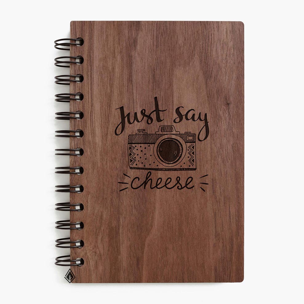 Say cheese camera walnut wooden notebook