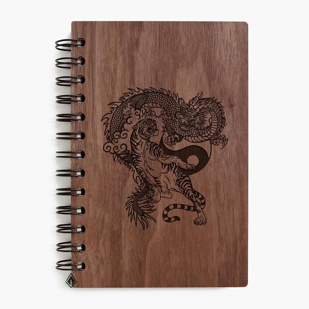 Dragon and tiger walnut wooden notebook
