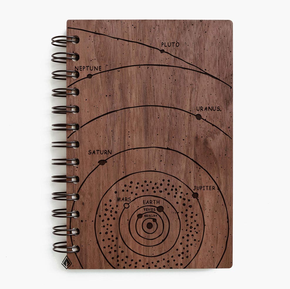 9 planets walnut wooden notebook