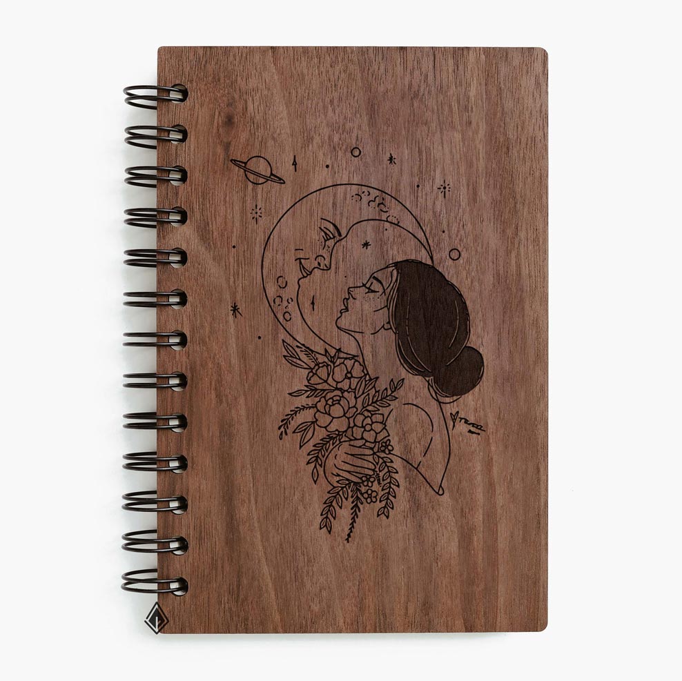 Moon girl walnut wooden notebook