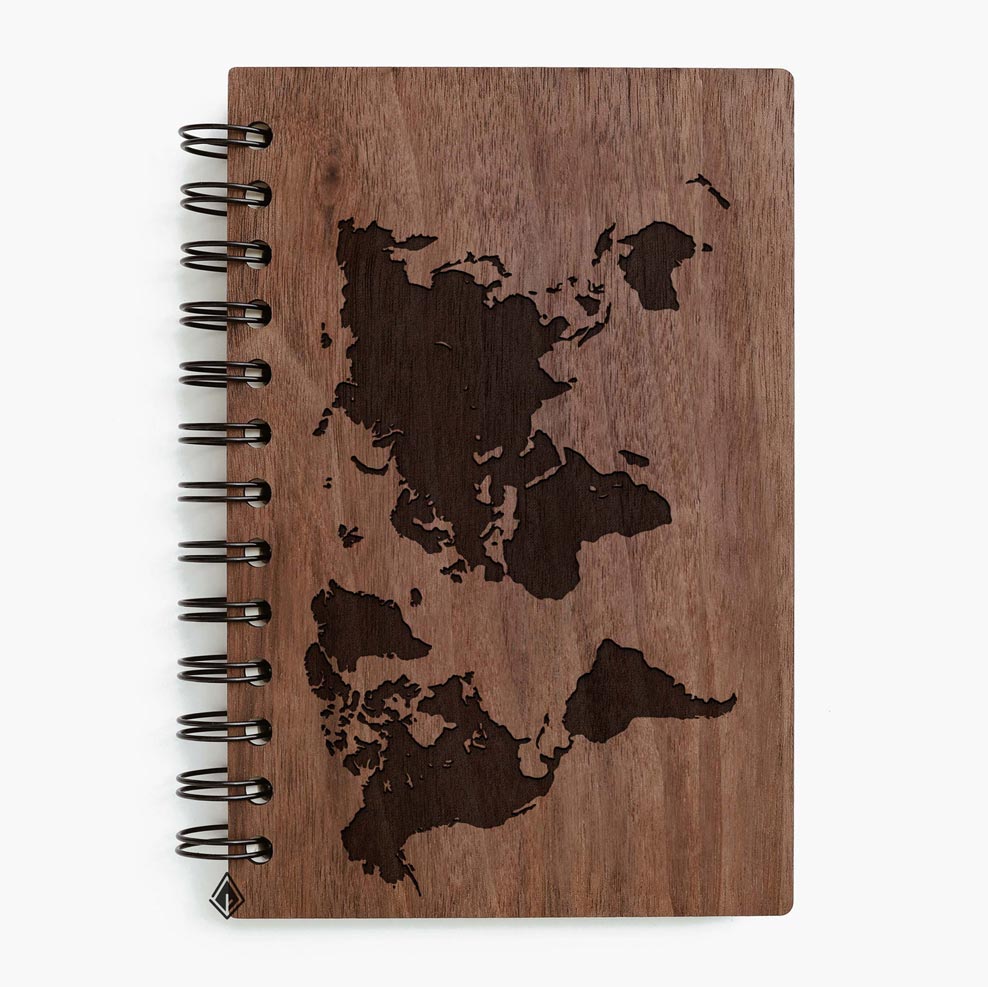 World map walnut wooden notebook