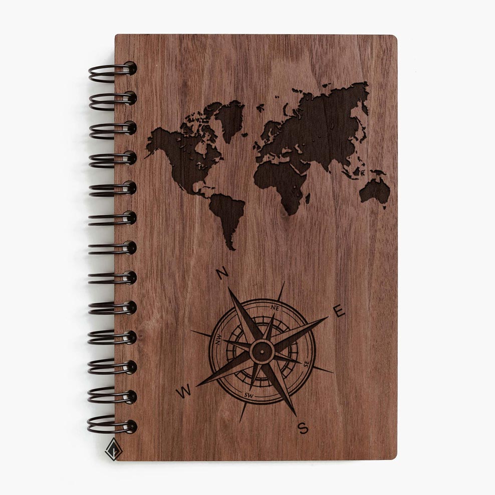 Compass and map walnut wooden notebook