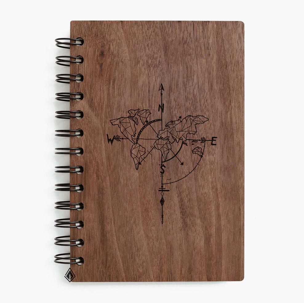 Compass and map walnut wooden notebook