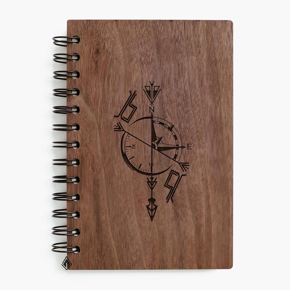 Compass walnut wooden notebook