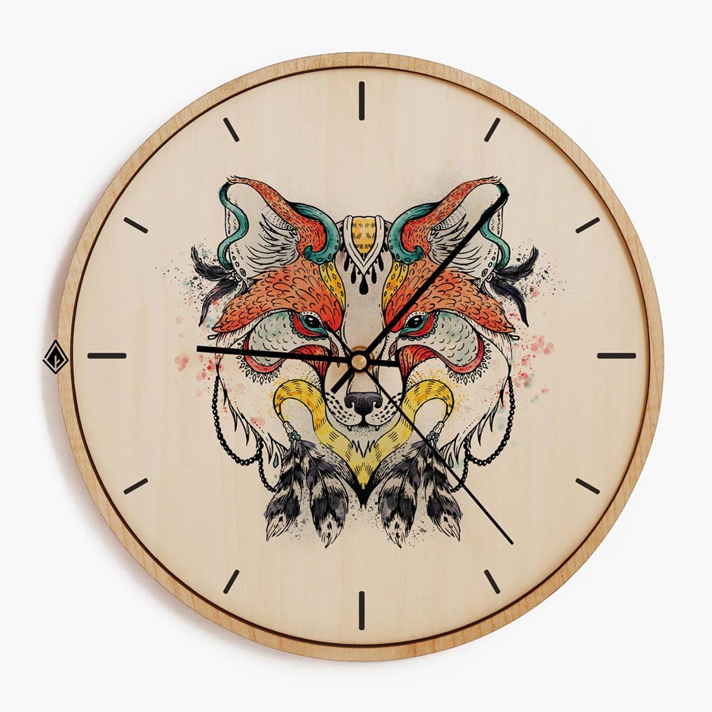Wooden Wall Clocks Tribal Fox